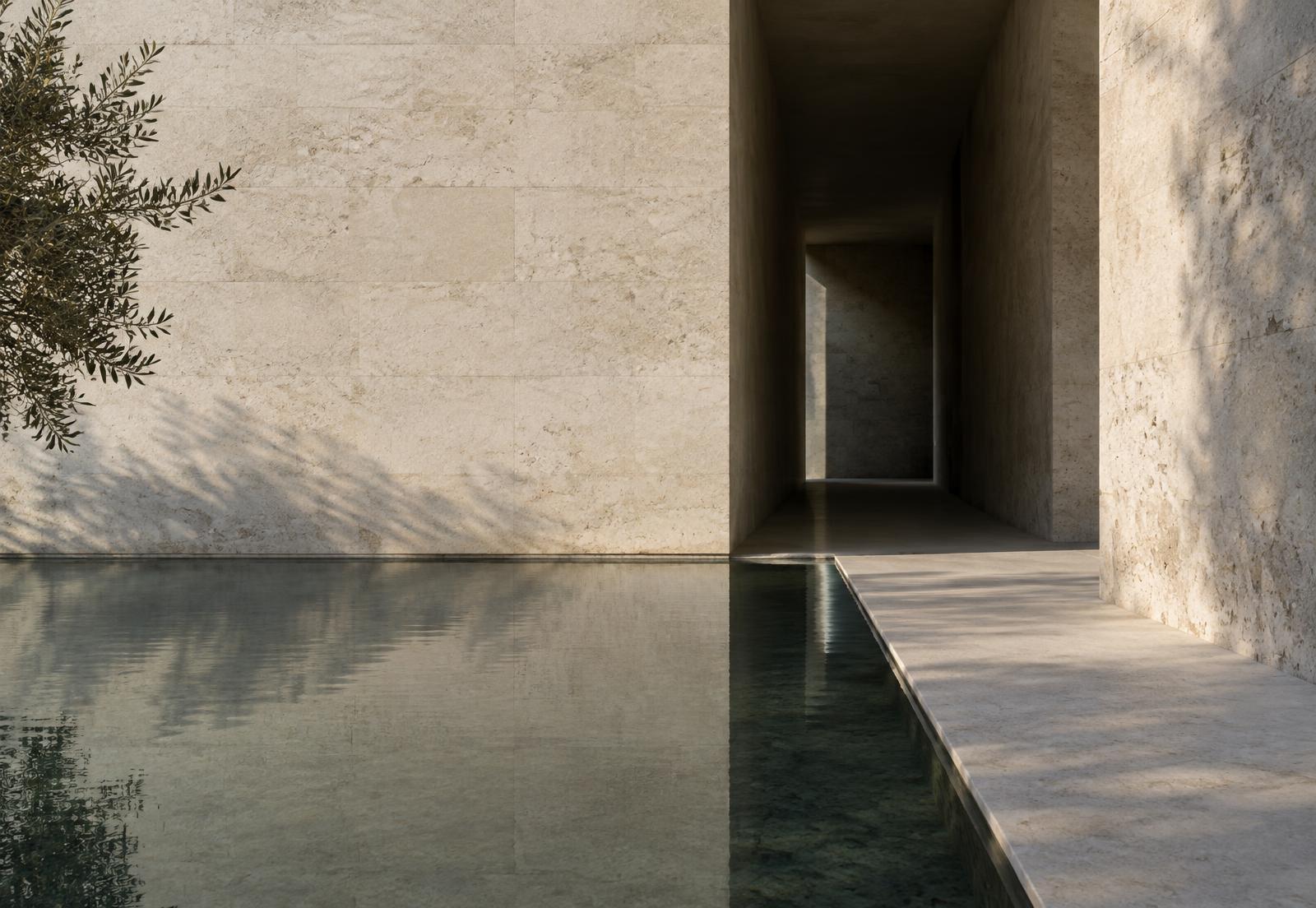 Conceptual study of limestone, a shaded passage and water